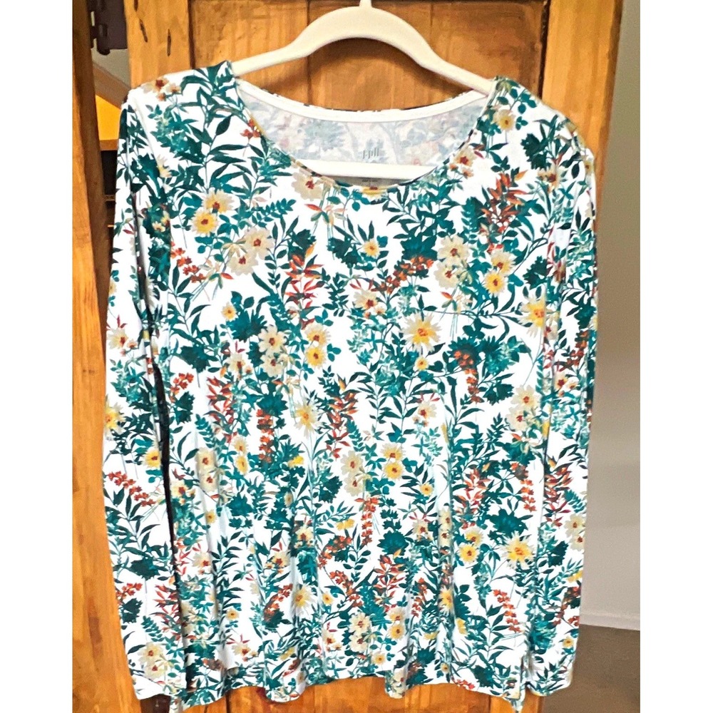 J. Jill Perfect Pima Floral High-Low Long Sleeve Scoop Neck Tee Petite PL